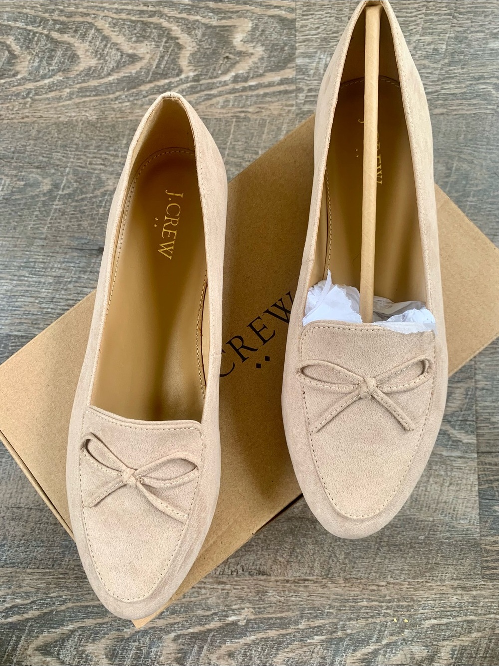 J. Crew Suede Bow Loafers in Light Beige